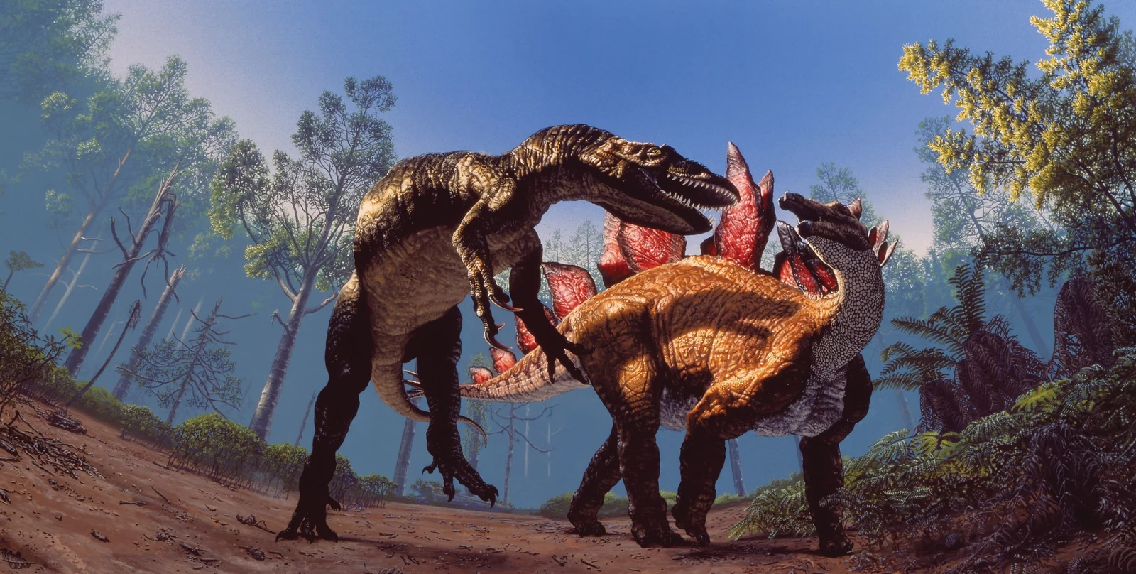 Seen from ground level in a misted conifer forest, an Allosaurus lunges across the back of a Stegosaurus, opening a wound of raw red against the herbivore's ochre flank.
