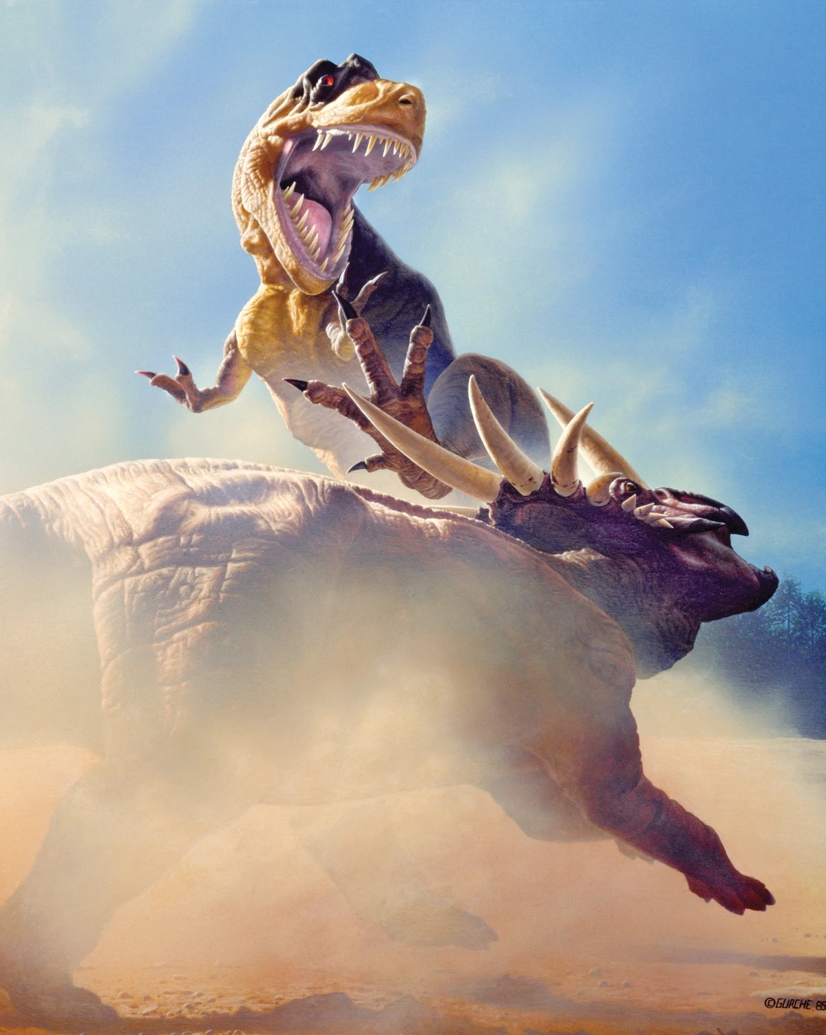 A tyrannosaur, Daspletosaurus, throws its weight backward in a bird-like pose, one foot raised against the charging horned Styracosaurus below it. Both animals are caught mid-motion in a rolling cloud of pale dust.