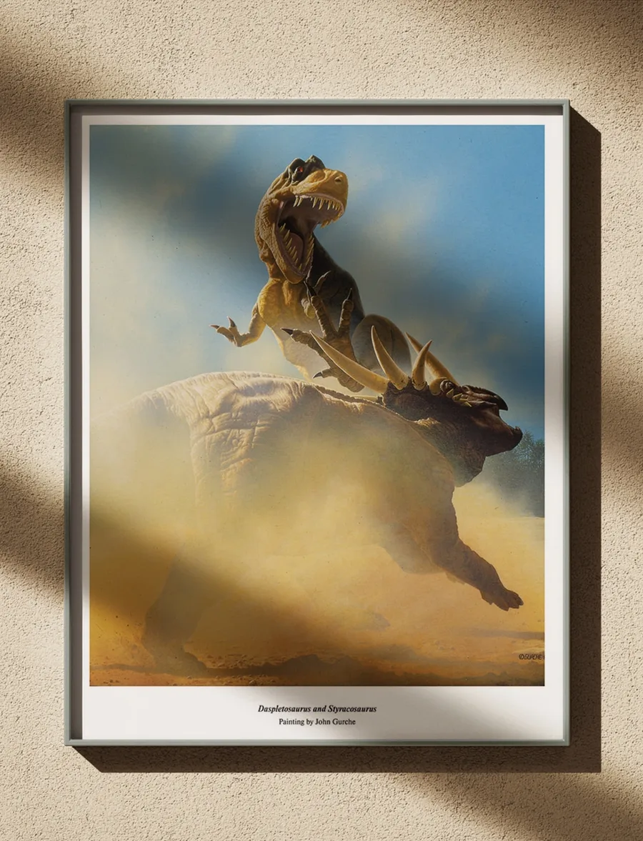 The Daspletosaurus and Styracosaurus painting, framed in black on a sunlit plaster wall crossed by long window shadows.
