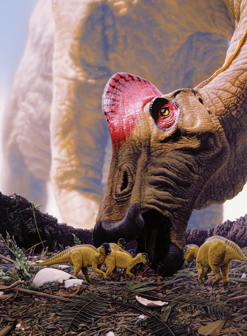 A Hypacrosaur mother lowers her enormous head — crest flushed deep pink — over a nest of hatchlings scattered across trampled vegetation and broken eggshell.
