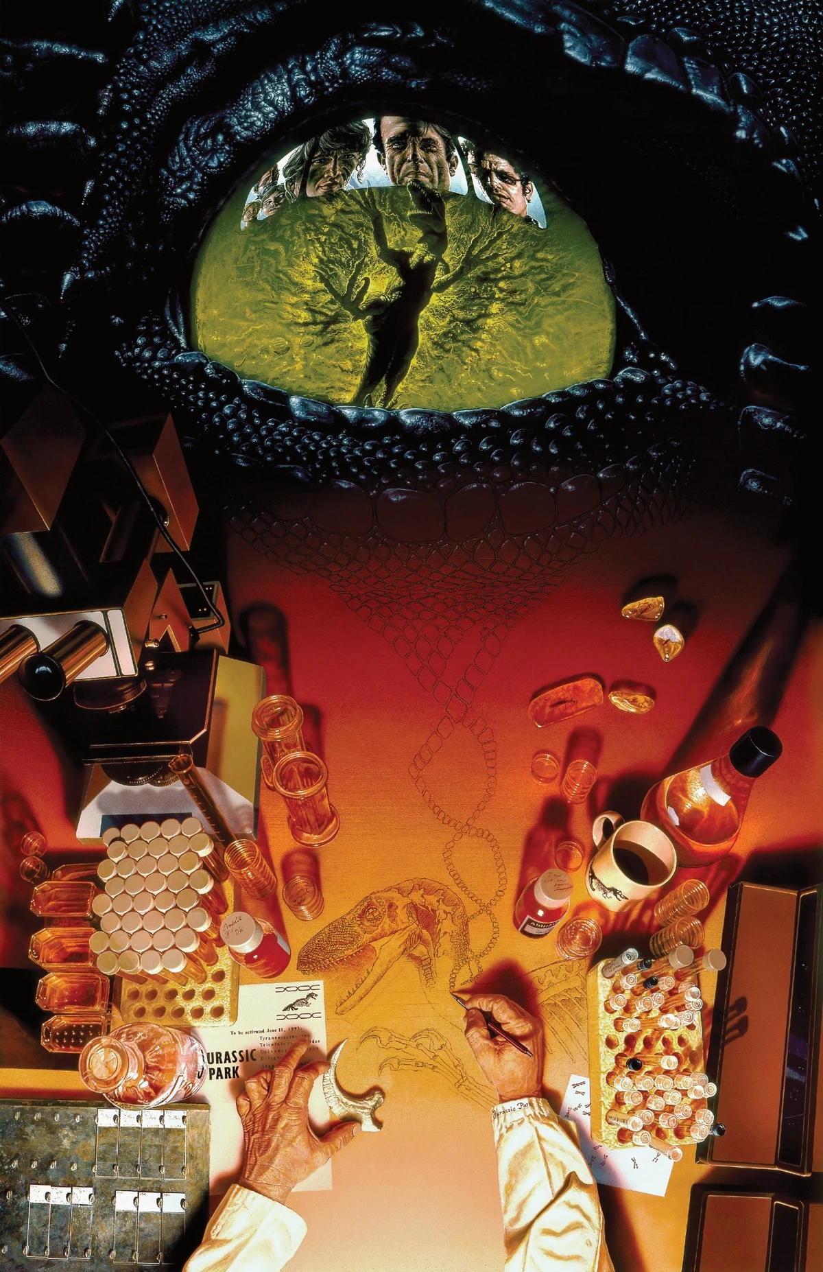 Overhead view of a genetics lab table rendered in deep reds and ambers. A researcher's hands hold a fossilized Velociraptor claw; scales from a sketch drift upward into a double helix and become the scaled rim of an enormous reptilian eye, in which the faces of four people are reflected.