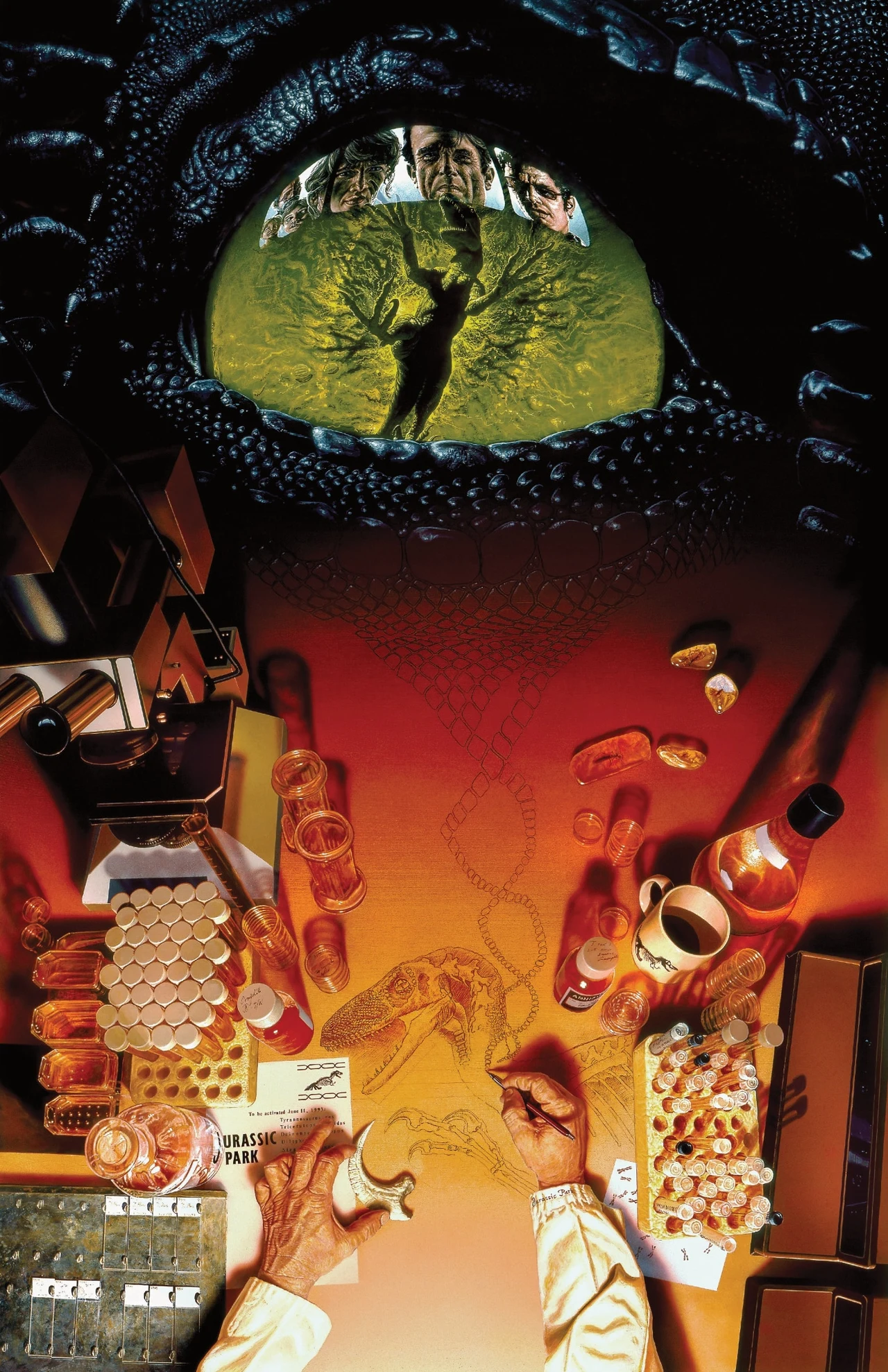 Overhead view of a genetics lab table rendered in deep reds and ambers. A researcher's hands hold a fossilized Velociraptor claw; scales from a sketch drift upward into a double helix and become the scaled rim of an enormous reptilian eye, in which the faces of four people are reflected.