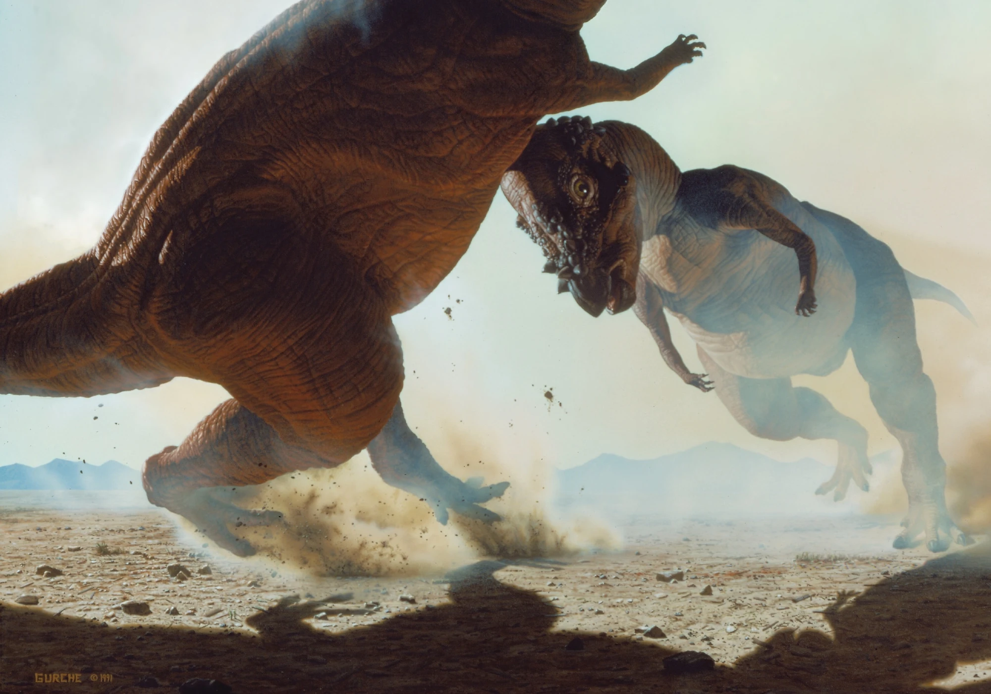 Two Pachycephalosaurus rear up and collide head-on across a pale, dusty flat, their domed skulls meeting as dust explodes around their feet.