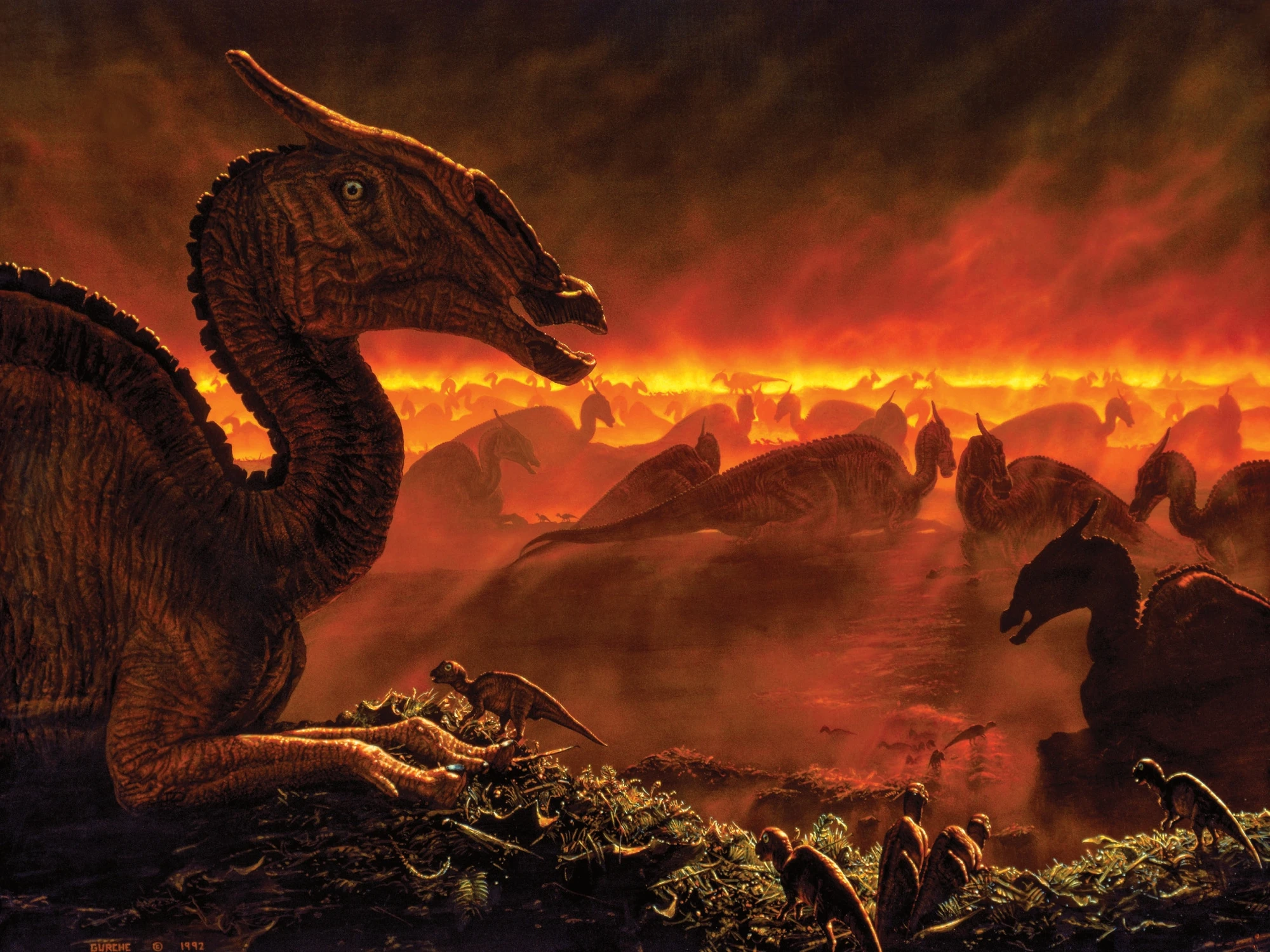 Dawn over a colonial nesting ground. A Saurolophus mother stands over her nest as a band of incendiary orange light burns along the horizon behind rank after rank of dark, silhouetted adults.