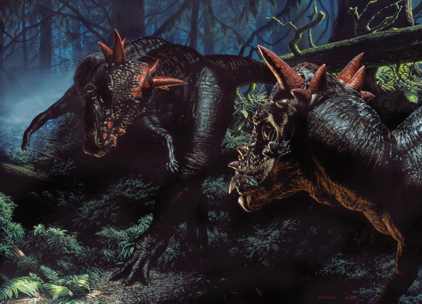 Two spike-crowned Stygimoloch face off in the green gloom of dense forest undergrowth, heads lowered, horns catching the only light in the scene.